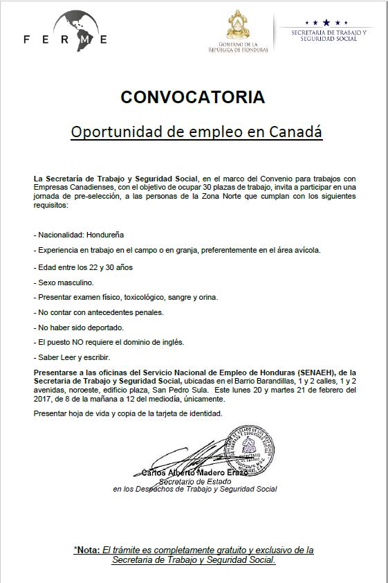 CONVOCATORIA OFICIAL PARA EMPLEOS EN CANADA