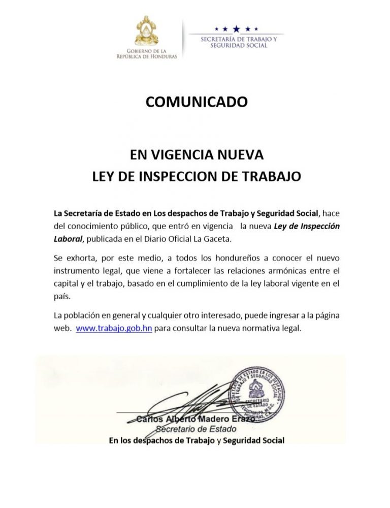 Comunicado  en vigencia nueva Ley de Inspección de Trabajo