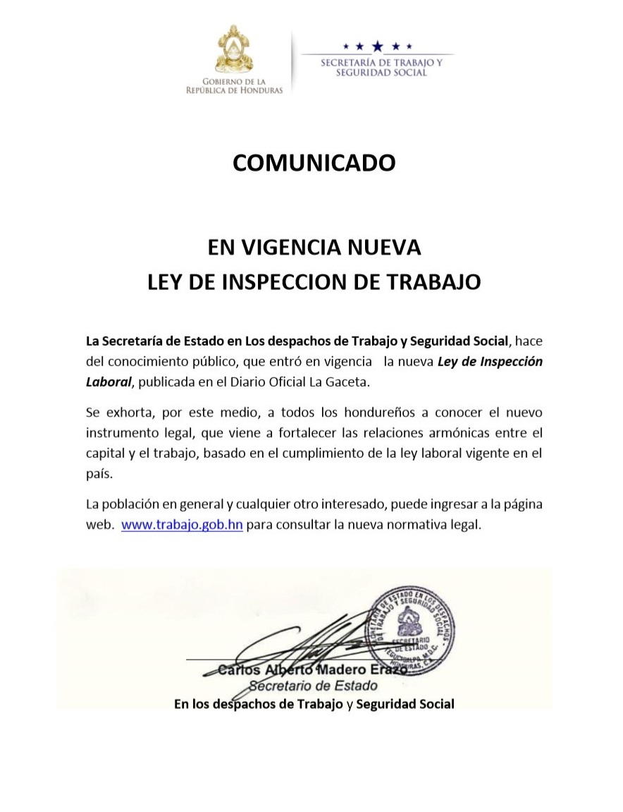 Comunicado en vigencia nueva Ley de Inspección de Trabajo Comunicado en vigencia nueva Ley de Inspección de Trabajo