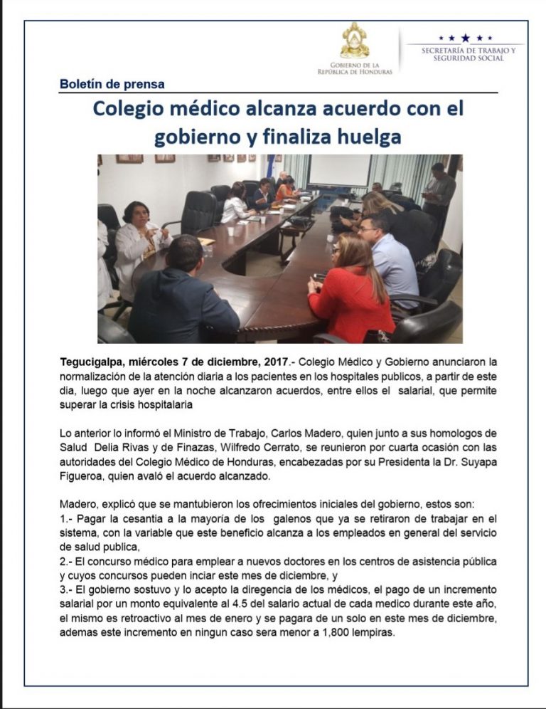 Colegio médico alcanza acuerdo con el gobierno y finaliza huelga
