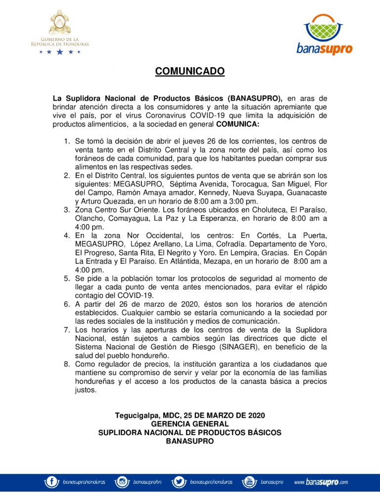 Comunicado sobre Centros de Venta BANASUPRO