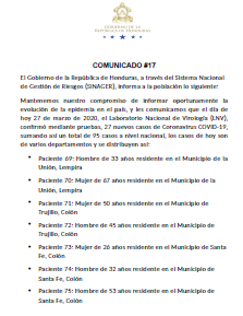 27 nuevos casos de COVID-19, comunicado