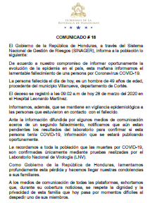 Fallece un hombre de 49 años de edad, procedente del municipio Villanueva, departamento de Cortés por COVID-19, Comunicado