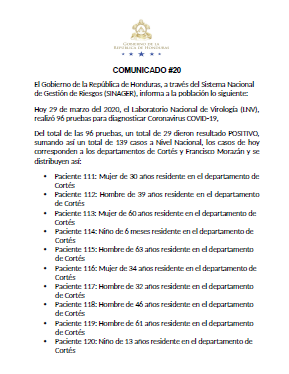 29 nuevos casos por COVID-19, comunicado