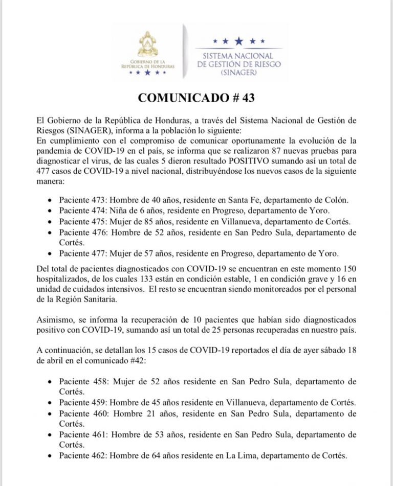 5 nuevos casos de COVID-19, comunicado