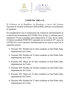 15 casos de COVID-19, comunicado