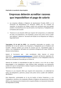 Empresas deberán acreditar razones que imposibiliten el pago de salario