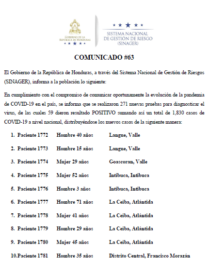 59 casos positivos de COVID-19, comunicado.