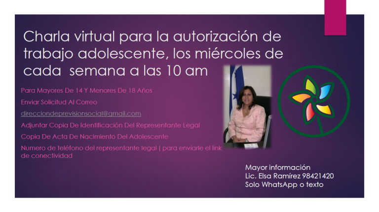 Charla virtual para la autorización de trabajo adolescente, los miércoles de cada semana a las 10 am