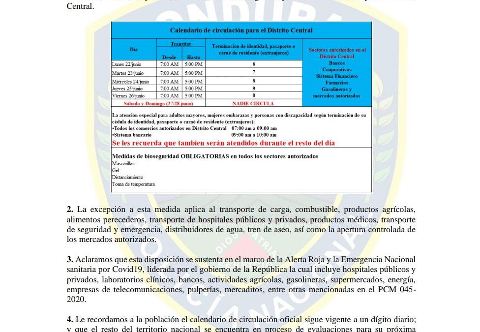 Nuevas Disposiciones para el Distrito Central en emergencia por el COVID-19