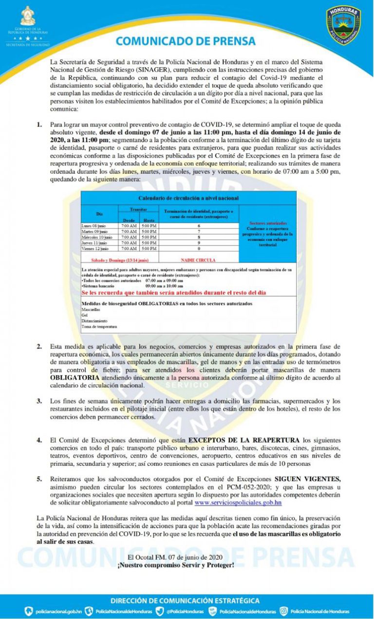 Toque de queda se extiende hasta el 14 de Junio