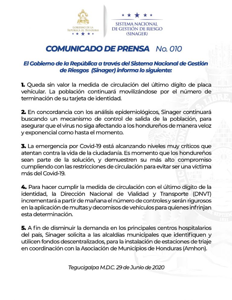 Se Suspende la medida de circulación por el último dígito de la Placa del Automóvil