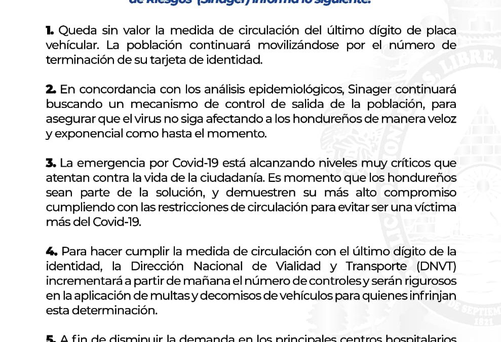 Se Suspende la medida de circulación por el último dígito de la Placa del Automóvil