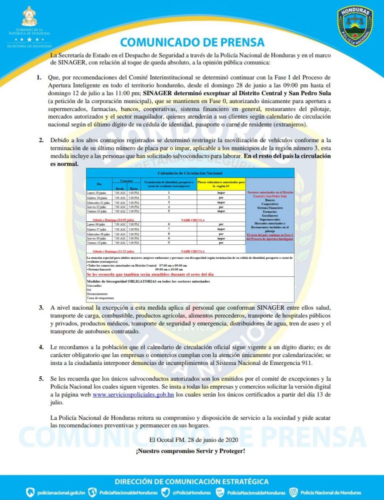 Comunicado de Prensa sobre nuevas disposiciones ante la emergencia por el COVID-19