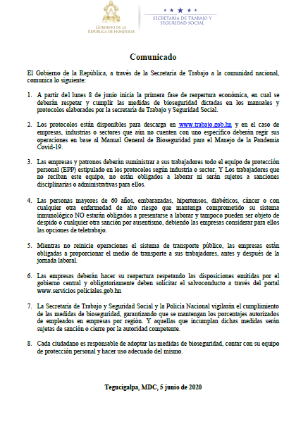 Comunicado sobre Reapertura Inteligente de la Economía