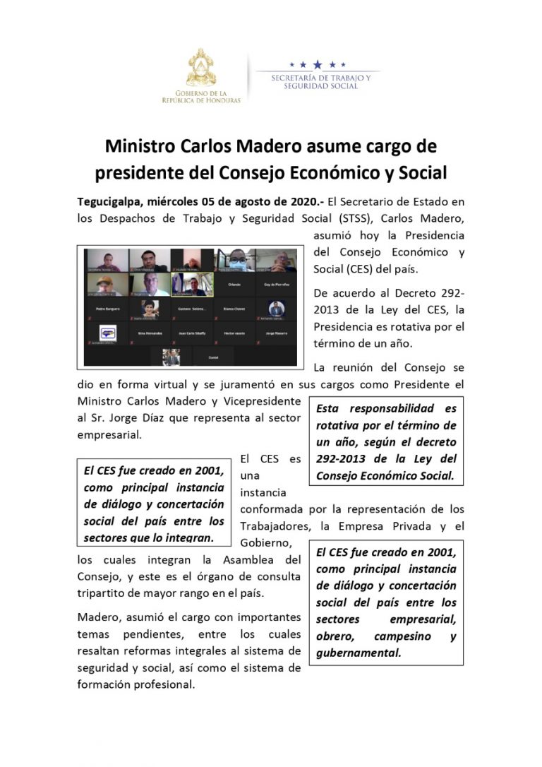 Ministro Carlos Madero asume cargo de presidente del Consejo Económico y Social (CES)