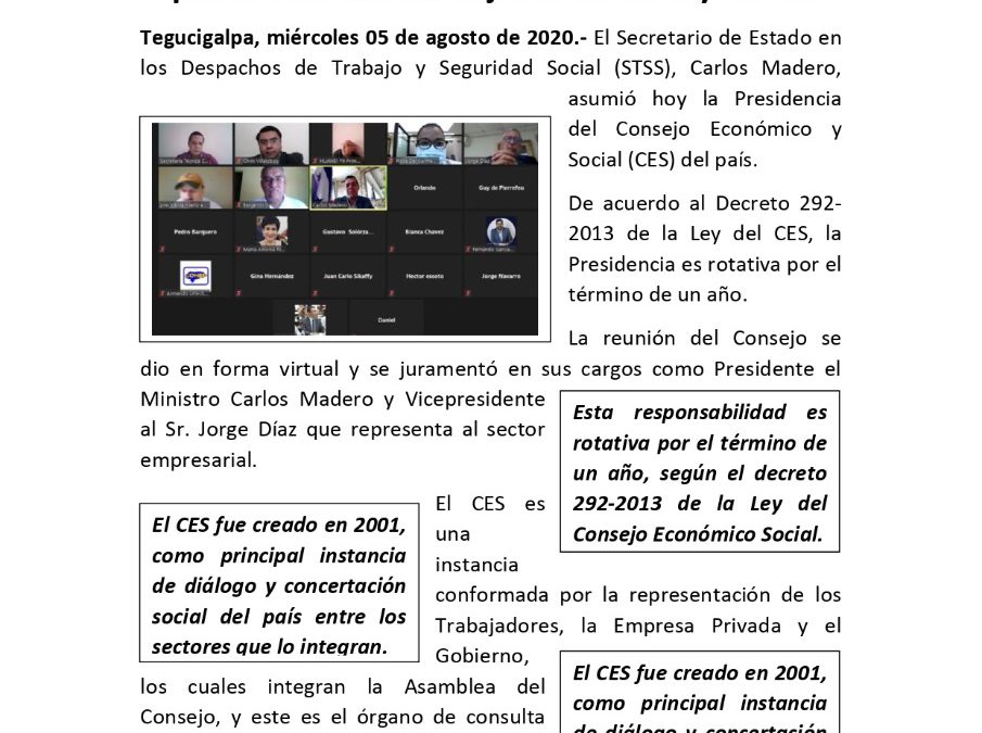 Ministro Carlos Madero asume cargo de presidente del Consejo Económico y Social (CES)