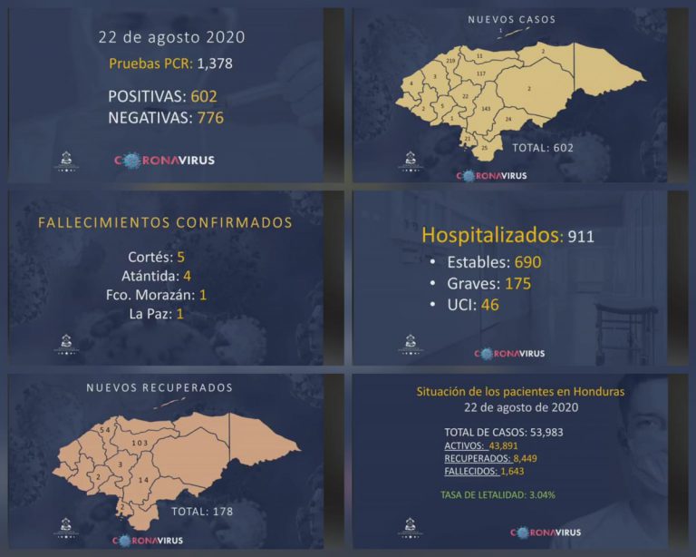 Estadísticas COVID-19 al 22 de Agosto de 2020