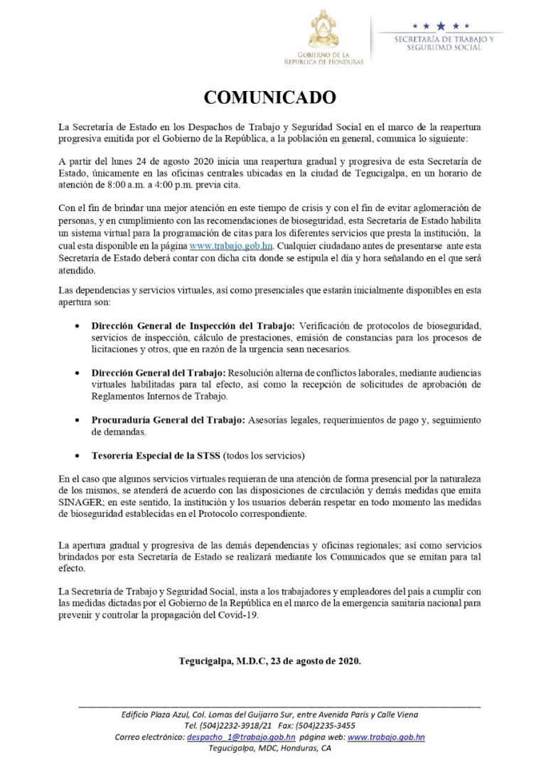 Comunicado Apertura de la Secretaría de Trabajo