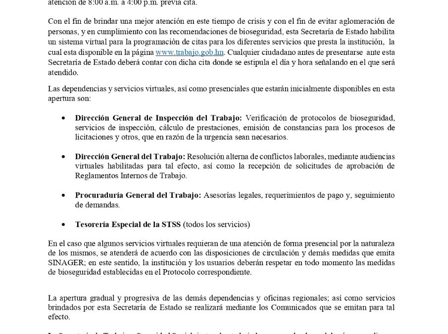 Comunicado Apertura de la Secretaría de Trabajo