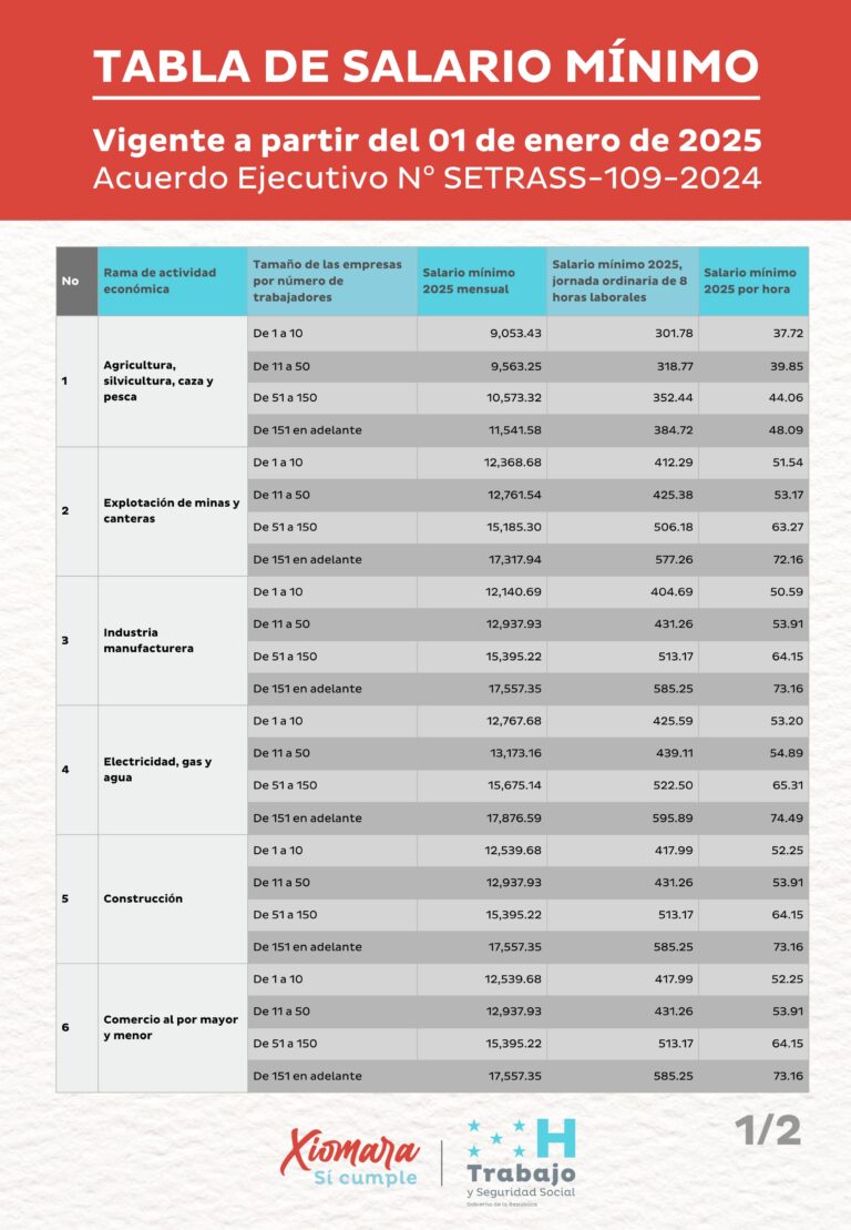 Tabla de Salario Mínimo Vigente a partir del 01 de enero de 2025 Secretaría de Trabajo y